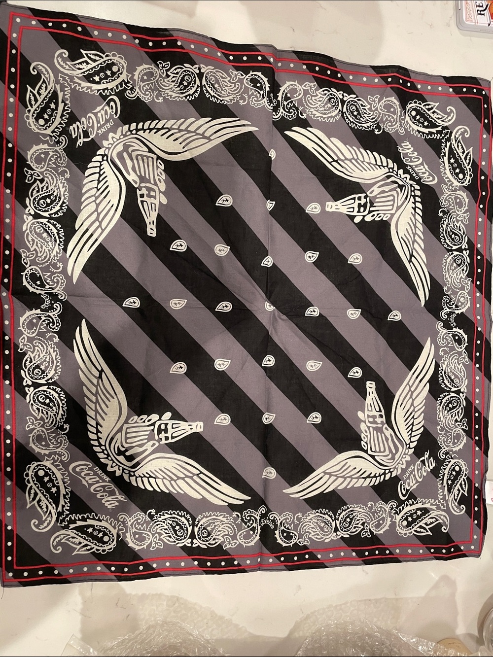 Coca-Cola Black, Gray & Red Paisley Winged Bottle Bandana